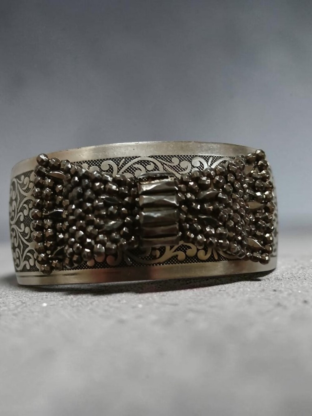 Antique Steel Cut Bow Cuff Bracelet Handmade Oxidized Silver Victorian